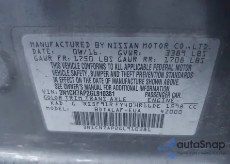 2016 Nissan Versa 1.6 S из США, поврежденный, VIN 3N1CN7AP2GL910381